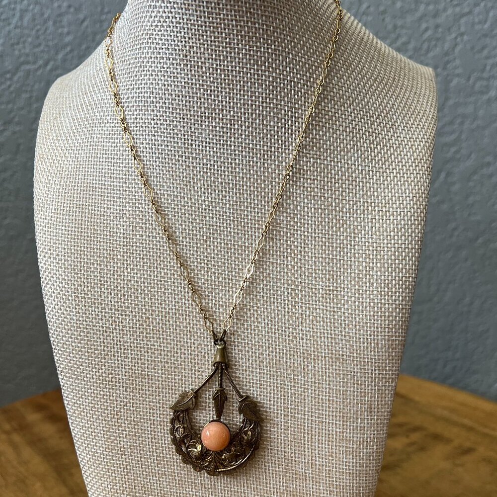 Vintage 1960s Peach Stone on Brass Filigree Pendant with New Gold / Brass Chain